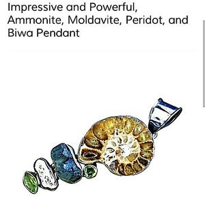 Ammonite, Moldivite, Biwa Pearl, Peridot Pendant